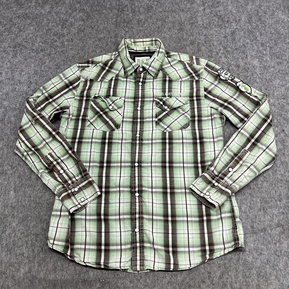 BKE Vintage Shirt Mens L Green Plaid Long Sleeve Snap Western Patches Slim Fit